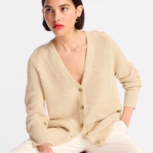 J.Crew Sweater Womens Small Relaxed Cotton Linen Blend V-Neck Cardigan Beige